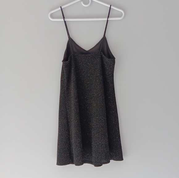 Angie Slip Mini Dress Black Silver Metallic Shimmer Spaghetti Strap Low V Medium - Picture 3 of 14